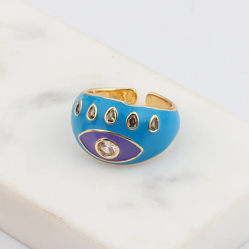 Colorful Enamel Engrave Chunky Bohemian Turkish Evil Eye Rings Wide Gold Big CZ Eternity Open Band Rings For Women Drop Shipping images - 6