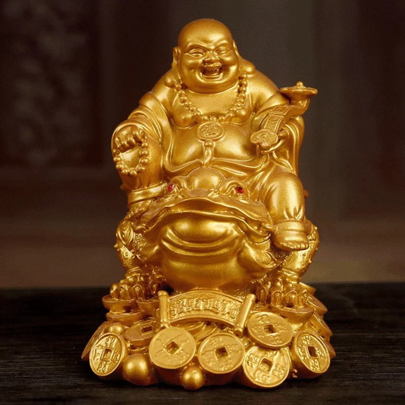 

LUCKY Feng Shui Ornament Maitreya Figurine Money Fortune Wealth Chinese Golden Frog Home Office Tabletop Decoration