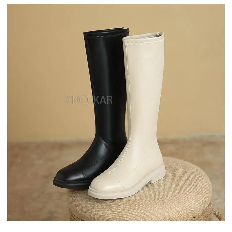 2021 autumn and winter casual round toe thick heel top layer cowhide fashion boots rear zipper low heel high boots women