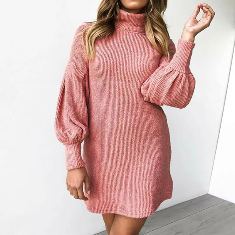 С высоким воротом Облегающее вязаное платье с пышным длинным рукавом для офиса