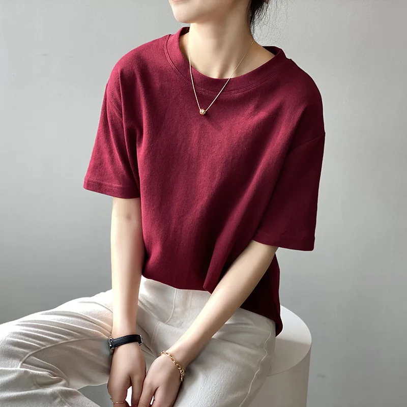 

Футболка женская хлопковая оверсайз, базовая Однотонная рубашка, повседневный Свободный Топ с круглым вырезом, в Корейском стиле, 5 цветов, ...