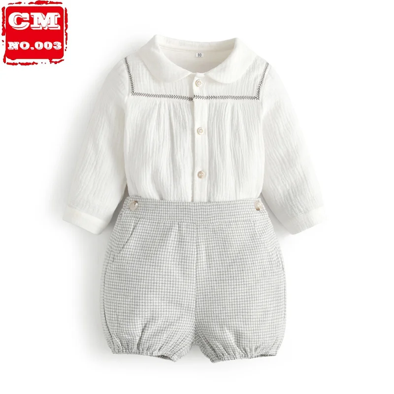 

Toddler Boys Boutique Clothes Set Baby Autumn Clothing Suit Children Long Sleeve White Shirt + Short Pants Kids Spanish Outfits