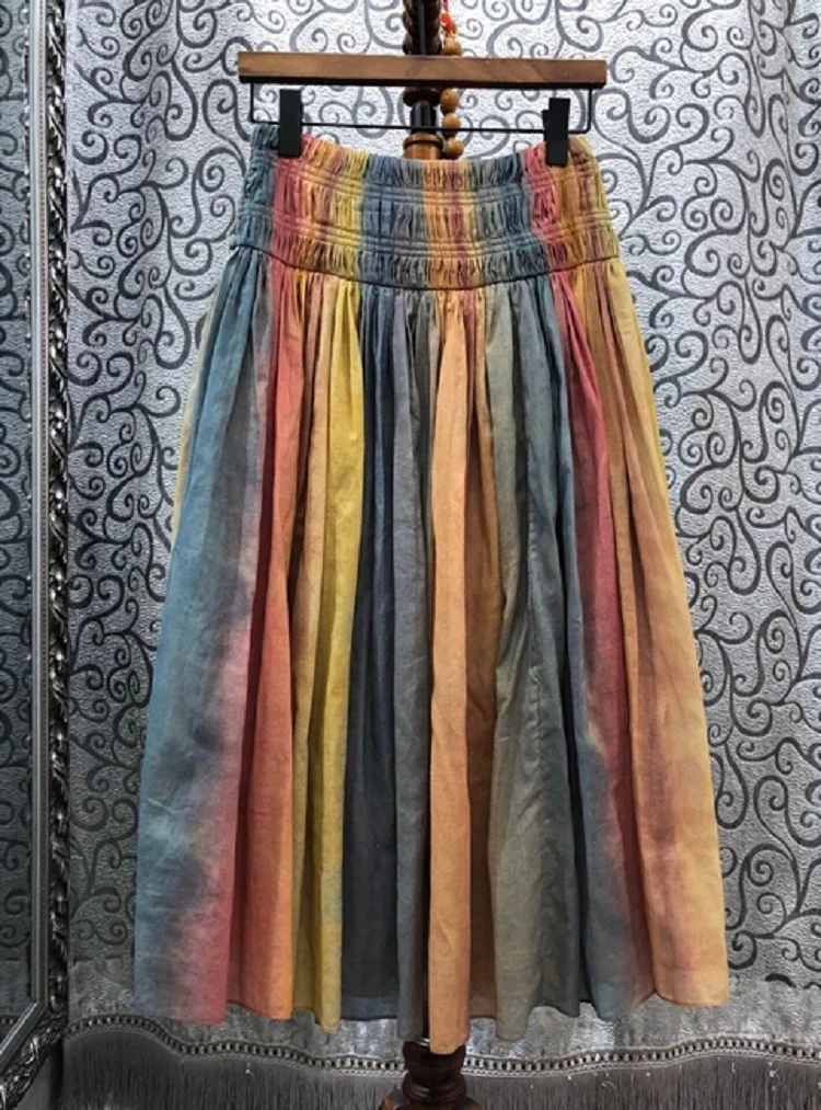 

100%Cotton 2020 Spring Summer Style Women Sweet Rainbow Color Print Elastic Waist Mid-Calf Length A-Line Basic Skirts XL
