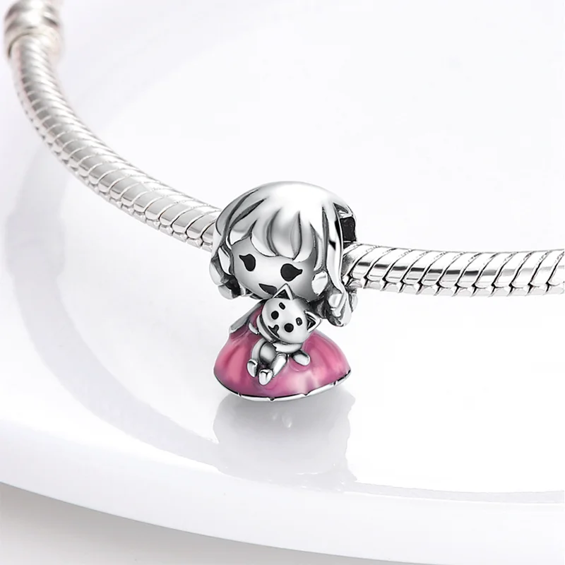 

plata charms of ley 925 Fit Original Pandach Bracelet Necklace Girl holding a Bear Silver Color Pendant Beads Women Fine Jewelry