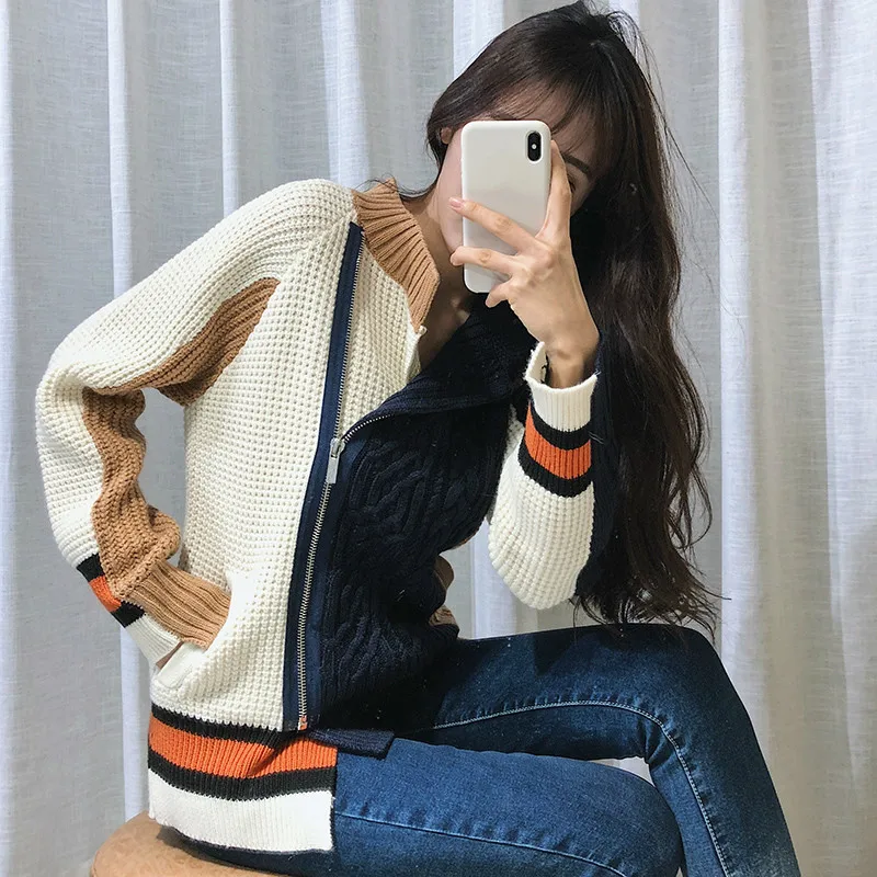 LANMREM Contrast Color Stitching Round Neck Long Sleeve Zipper Irregular Woman Sweater Casual Fashion 2020 Spring New TV296 | Женская