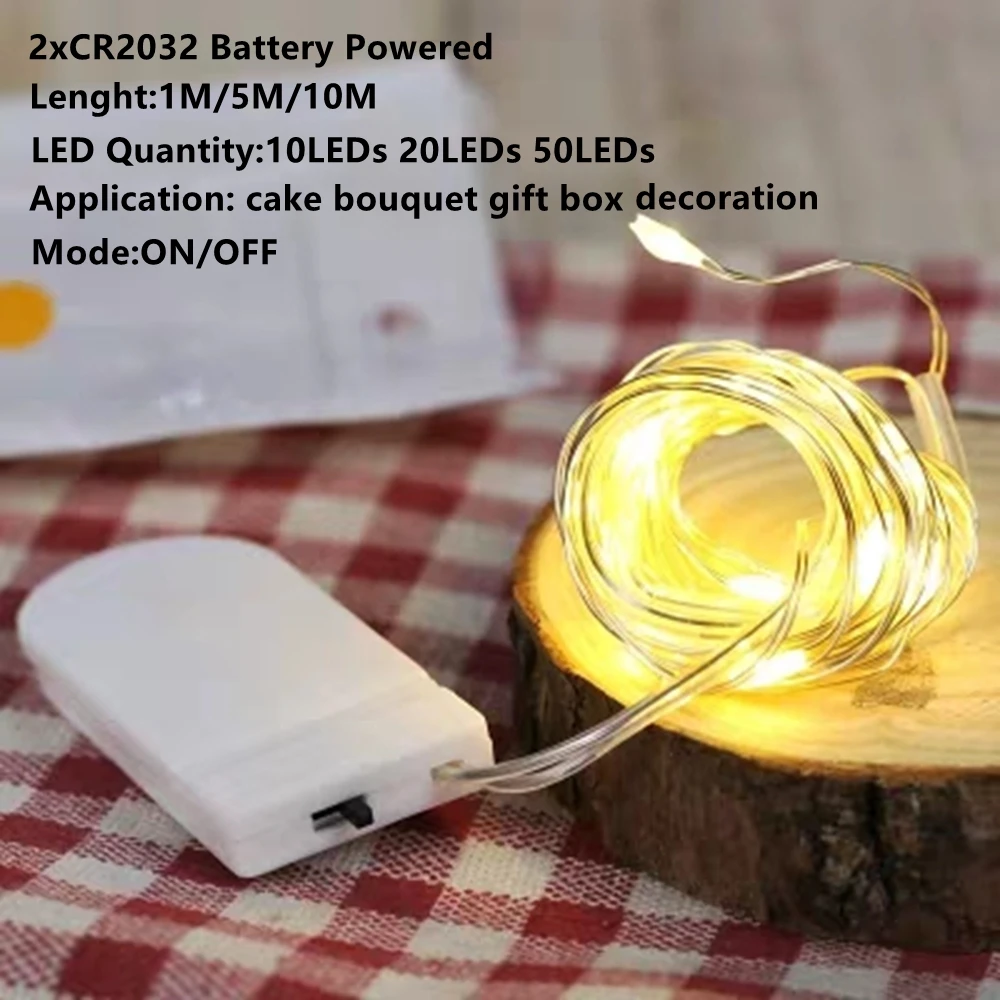 CR2032 Battery 1 м 2 м 5 м 10 м 20 М медный провод светодиодный светильник-гирлянда Сказочный светильник s ночник для рождественской гирлянды год Рождество свадебное украшение - Испускаемый цвет: CR2032 Battery
