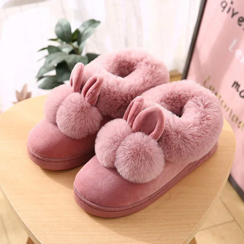 Pink Женские домашние тапочки с кроличьими ушками; тапочки на плоской подошве из искусственного меха; женские зимние плюшевые теплые домашние тапочки для влюбленных; женская обувь без застежки - Цвет: Pink