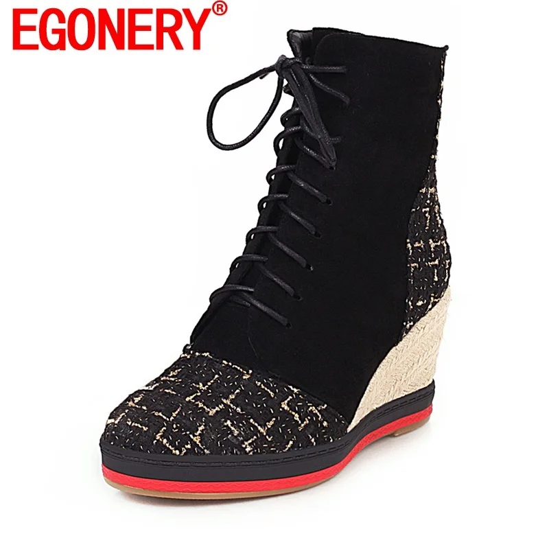

EGONERY Women Wedges Ankle Boots 2022 Winter Round Toe High Heels Platform Winter Mixed Color Party Booties Laced Up Zipper Shoe