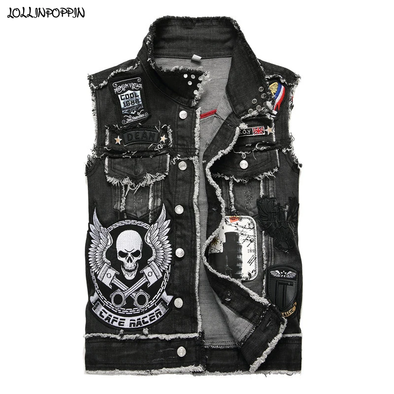 

Men Black Motorcycle Biker Denim Vest Punk Style Skull Embroidery Badges Mens Sleeveless Jean Jacket Riveted Collar