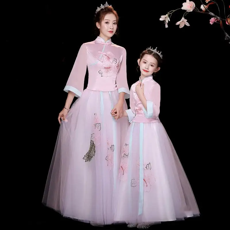 Комплект одежды для мамы и дочки, Qipao Hanfu/ г. Весеннее розовое платье комплект из 2 предметов: топ+ юбка одинаковые комплекты для семьи J57