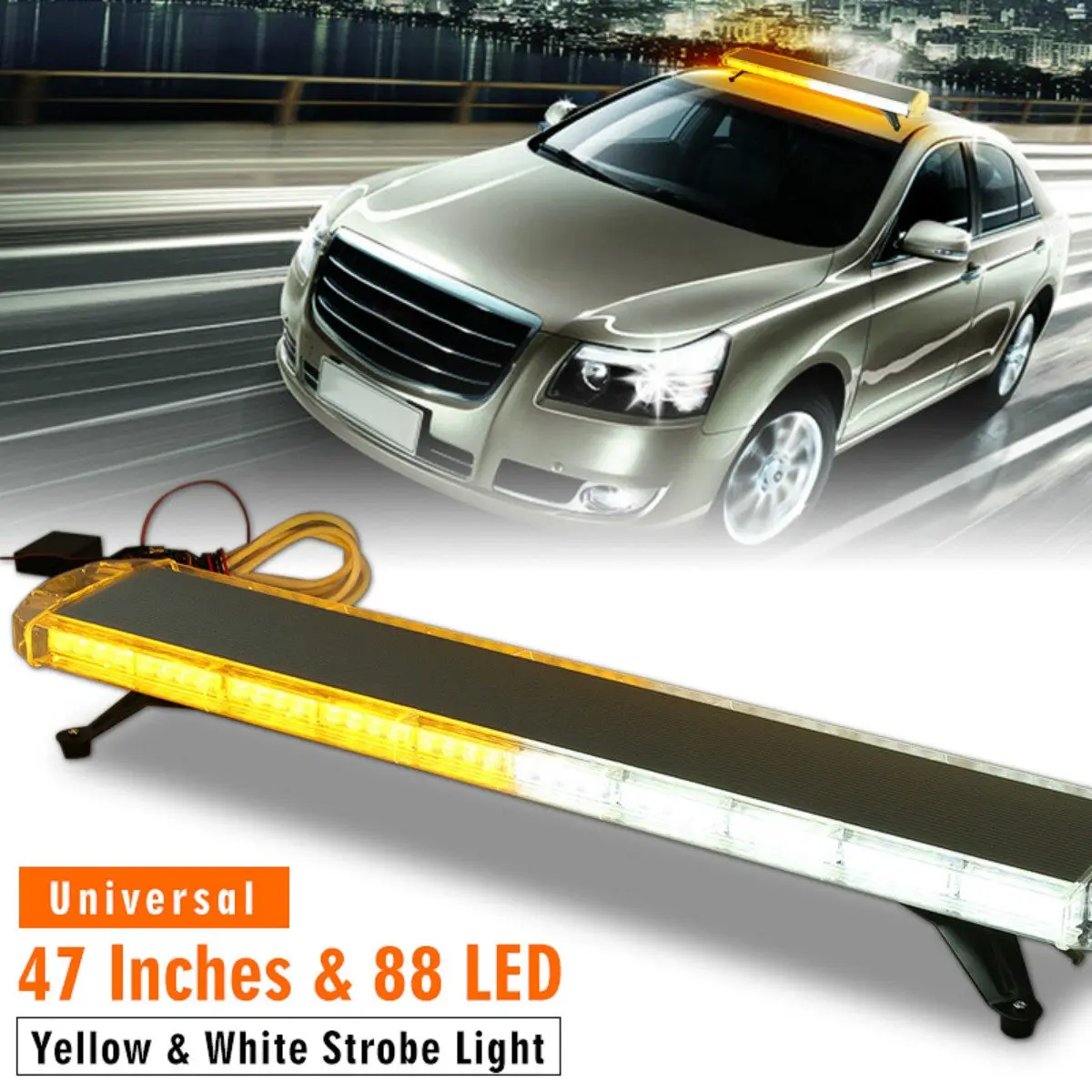 

88LED 47" Universal Car LED Roof Strobe Light Bar Emergency Signal Warning Light Amber/White Flashing Bracon Light Signal Lmaps