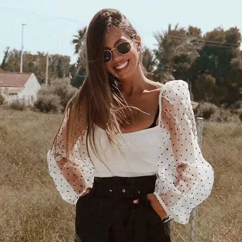 Женские топы и блузки из тюля в горошек модные летние прозрачные эластичные с