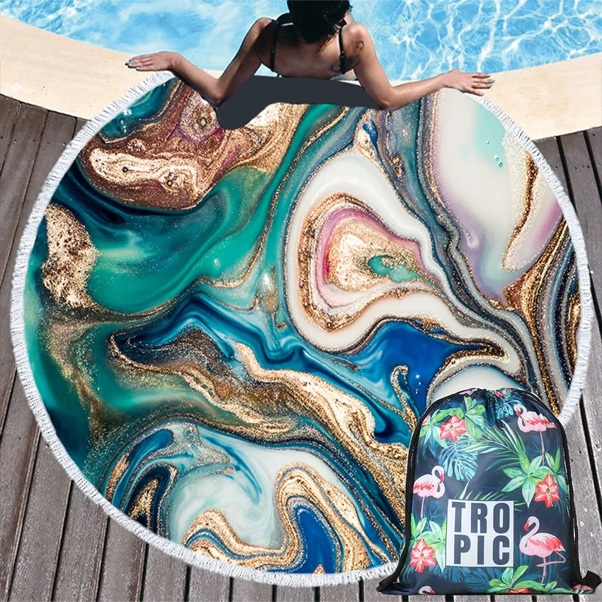 

Blue Abstract Marbling Summer Round Beach Towels Thick Sports Bath Shower Towel Yoga Mat With Tassels Storage Bag toalla playa
