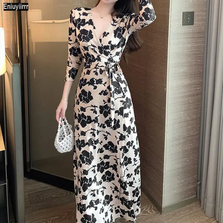 

Flower Long Maxi Dress Hot Sales Elegant Office Lady Party One-Piece Lace-Up Chic Korea Fashion Women Feminine Vestidos