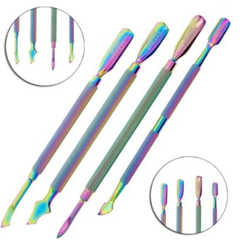 

4 Patterns Dual-ended Chameleon Nail Cuticle Pusher Dead Skin Remover Rainbow Stainless Steel Manicure Pedicure Nail Art Tool