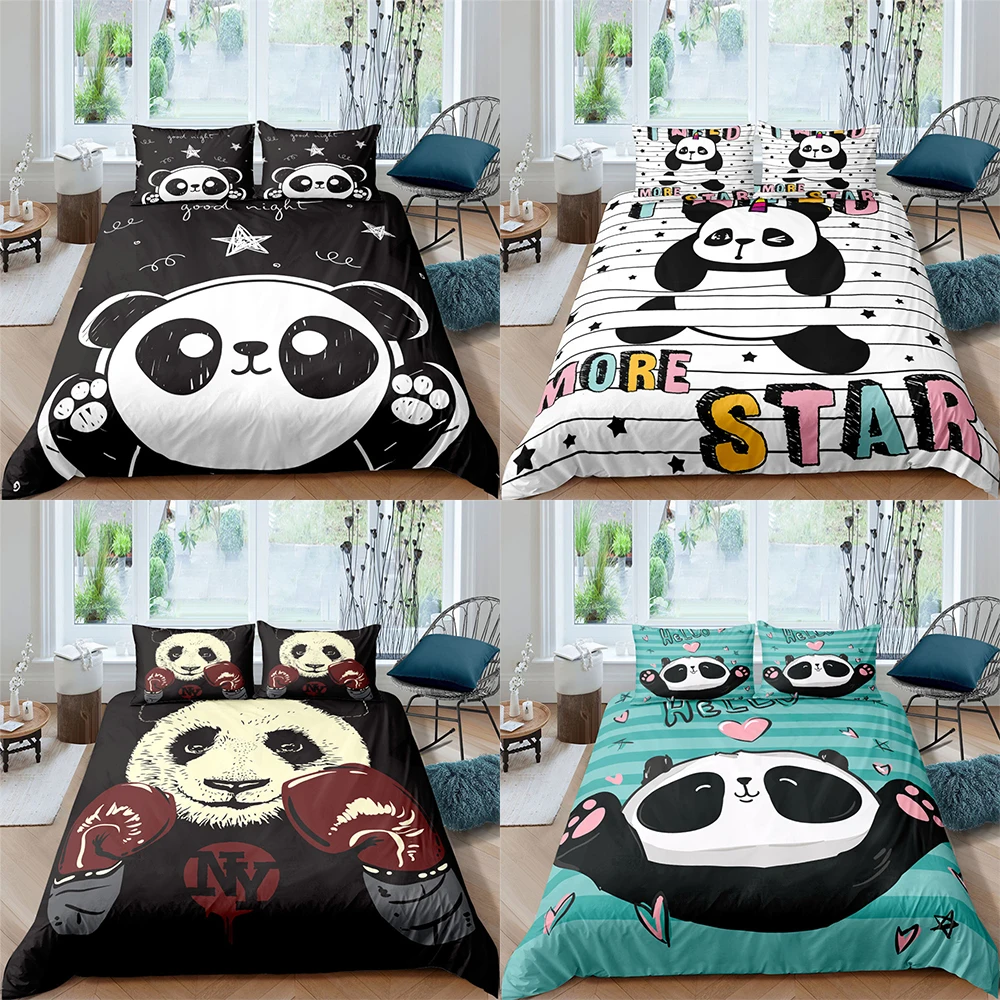 

2/3 Pieces Panda Duvet Cover Set Cartoon Animal Bedding Kids Boys Girls Bed Set White Black Panda Quilt Cover