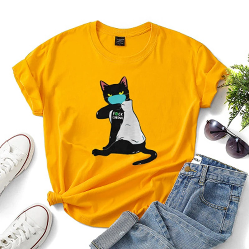 

Summer Top Women T-shirt O-neck Cartoon Cat Mask Printed Short Sleeve Tops Fashion Streetwear Ladies Tshirt Tops