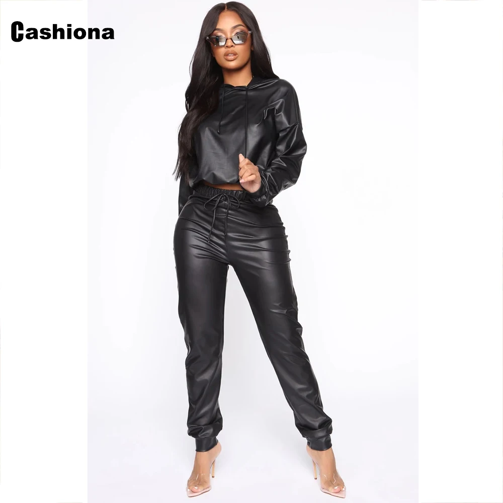 Sexy Faux Pu Leather Women Two Piece Set 2021 New Spring Long Sleeve Hooded Tops High Waist Pants Set Woman Tracksuit Streetwear enlarge