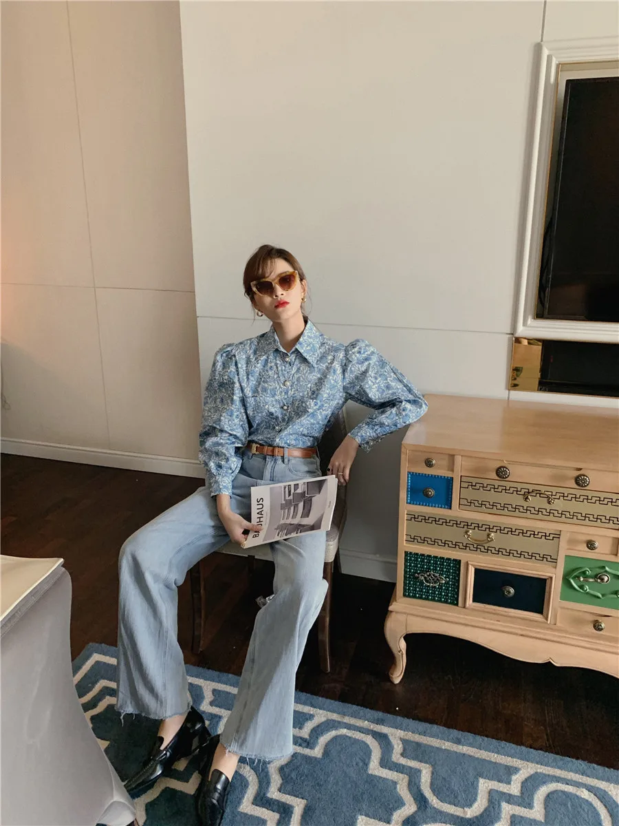 

Button Down Shirt Blue Floral Print Ladies Top Autumn 2021 Vintage Puff Sleeve Top Court Long Sleeve Blouse Women
