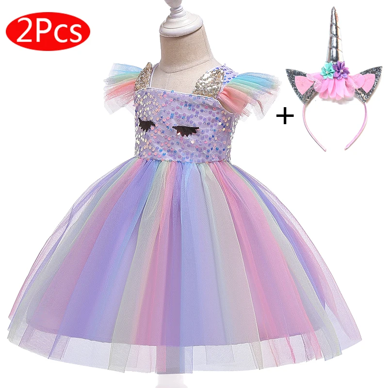 

Newborn Kids Dress Cartoon Unicorn Summer Rainbow Mesh Princess Dresses For Christmas Birthday Party Baby Clothes 1-5 Years Old