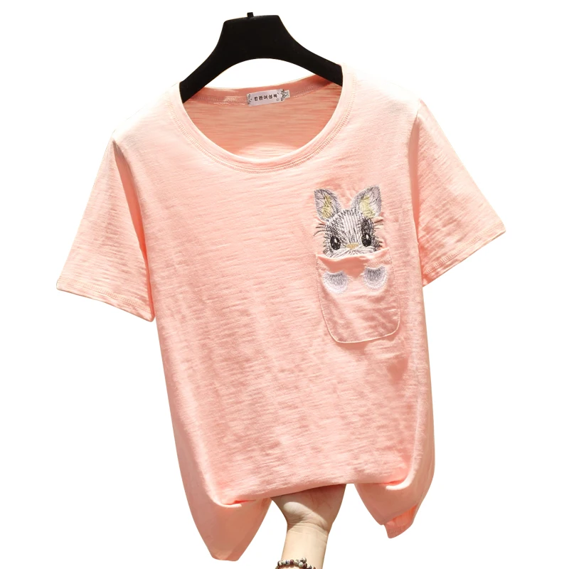 

Round Neck Embroidered Rabbit T-Shirt Women Short Sleeve Loose Casual Korean Style Top Harajuku 221