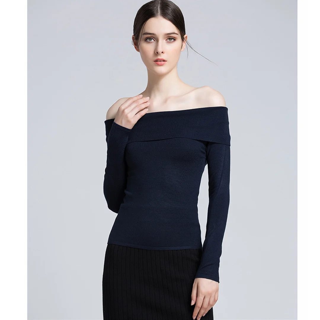 CESIUM Women Sexy Slash Neck Skinny Sweater Virgin Killer Knitted Black Pullover Casual Long Sleeve Solid Color Sweaters Tops | Женская