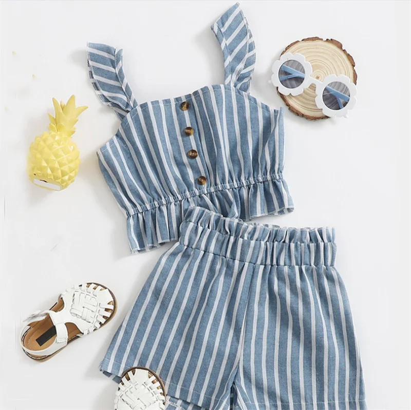 

Fashion Toddler Kids Girls Summer Clothes Striped Sleeveless Ruffles Button Crop Tops+Elastic Shorts Hoiday Casual Outfits