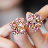 hot korea sweet cute flower crystal earrings temperament geometric shiny pink zircon earrings statement earrings for women girl