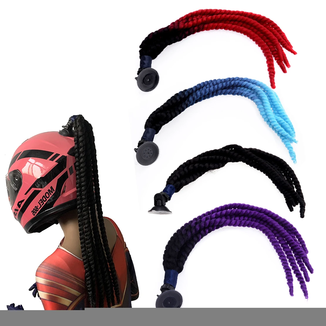 

Universal 60cm Gradient Ramp Helmet Sucker Removable Braids Ponytail Pigtails Hair Dreadlocks for Motorcycle Bike