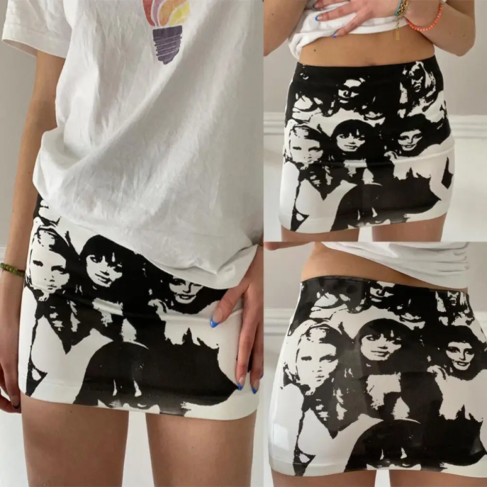 

2021 Summer New Half-Length Skirt European and American Abstract Portrait Graffiti Print Short Skirt Female Casual Bag Hip Skirt