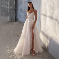 ueteey boho a line tulle wedding dress beading spaghetti straps sweep train plus size backless side slit wedding gowns 2022