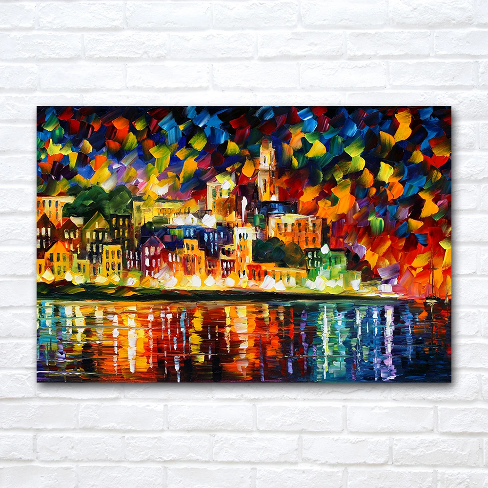 Night View of Coastal City Canvas Paintings Poster and Print Abstract Impressionist Wall Art for Home Living Room Decor