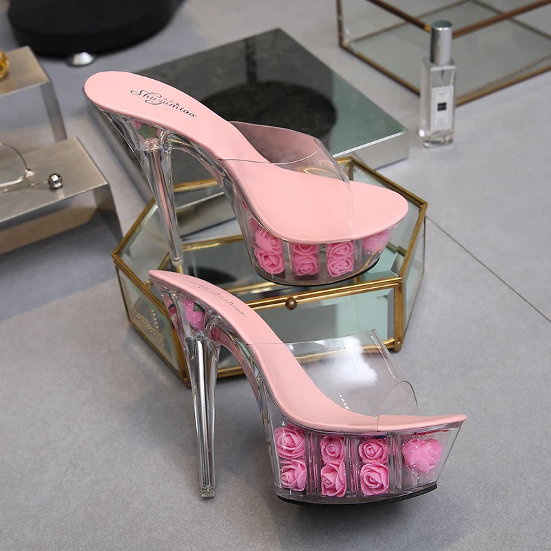 

2021 High Heel Platform Shoes Nightclub Super Heels Rose Sandals Women's Catwalk Pole Dance Crystal Bottom Waterproof Platform