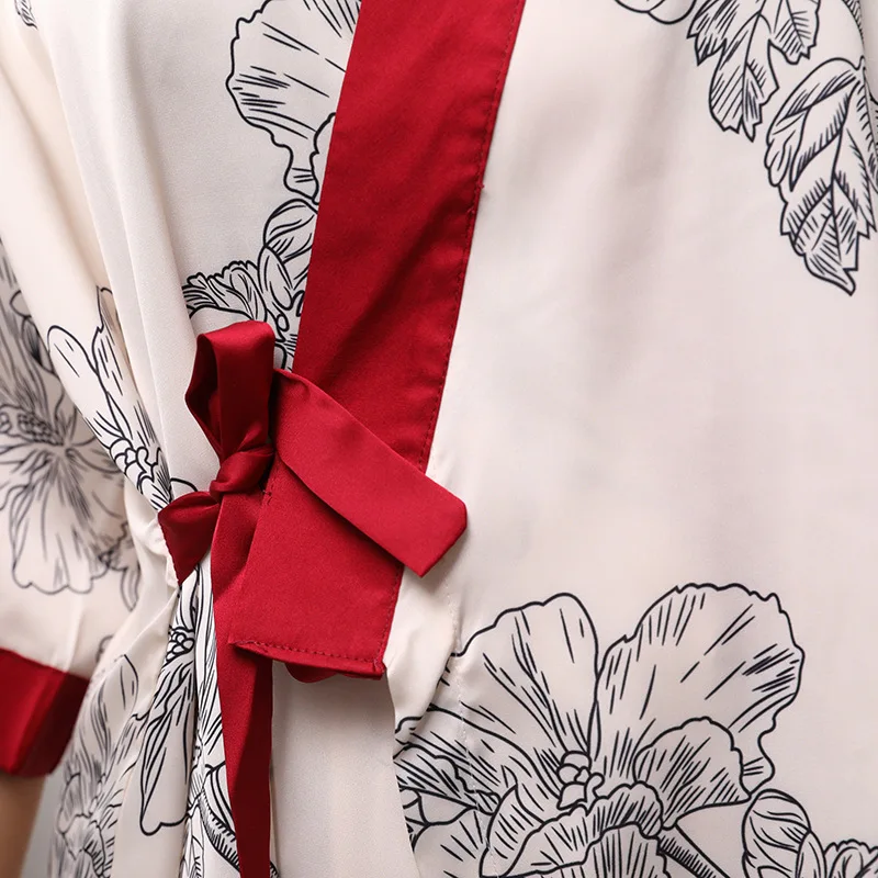 

Satin V-Neck Pajamas Suit With Belt Print Flower Nightwear Summer Home Clothes Sexy Loose Sleepwear 2PCS Sleep Top&Pants Set