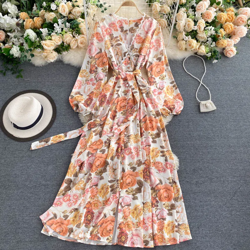 Платье SINGRAIN женское длинное с принтом модное ТРАПЕЦИЕВИДНОЕ ПЛАТЬЕ С V образным