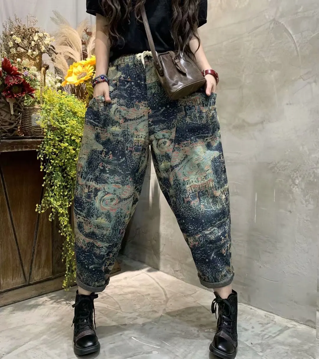 

2654 Women's Casual Harem Pants Vintage Letter Printing Literature And Art Patchwork Oversize Drawstring High Waist Trousers