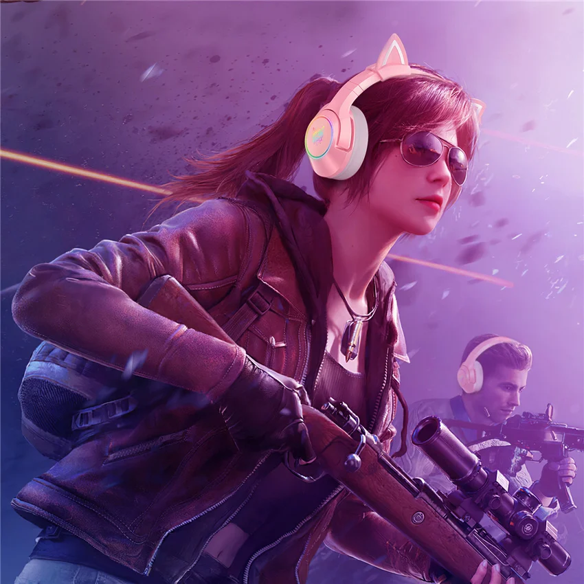 pink gaming headset mouse cat ear pc stereo headphones casque with mic led light for laptop ps4xbox one controller free global shipping
