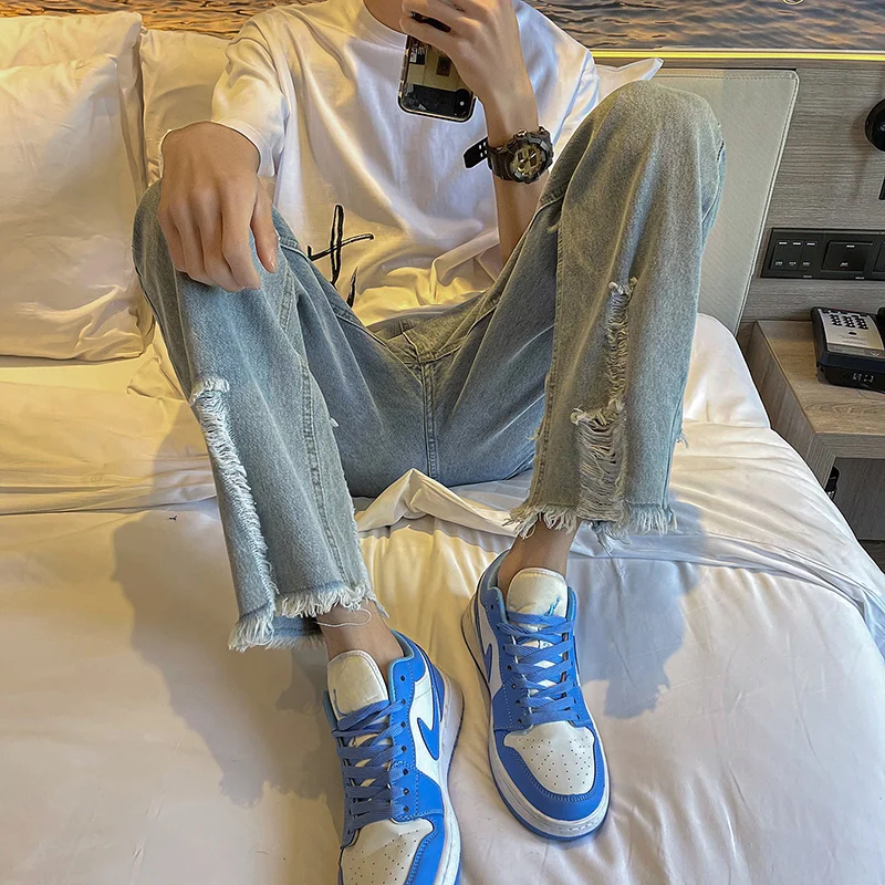 Summer Ripped Wide-leg Jeans Men's Fashion Casual Blue Jeans Men Streetwear Loose Hip-hop Hole Straight Denim Trousers Mens