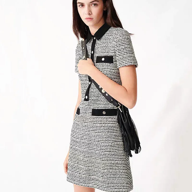 

French elegant maje dress 2020 spring and summer Plaid lace up knitting small fragrance Lapel slim skirt