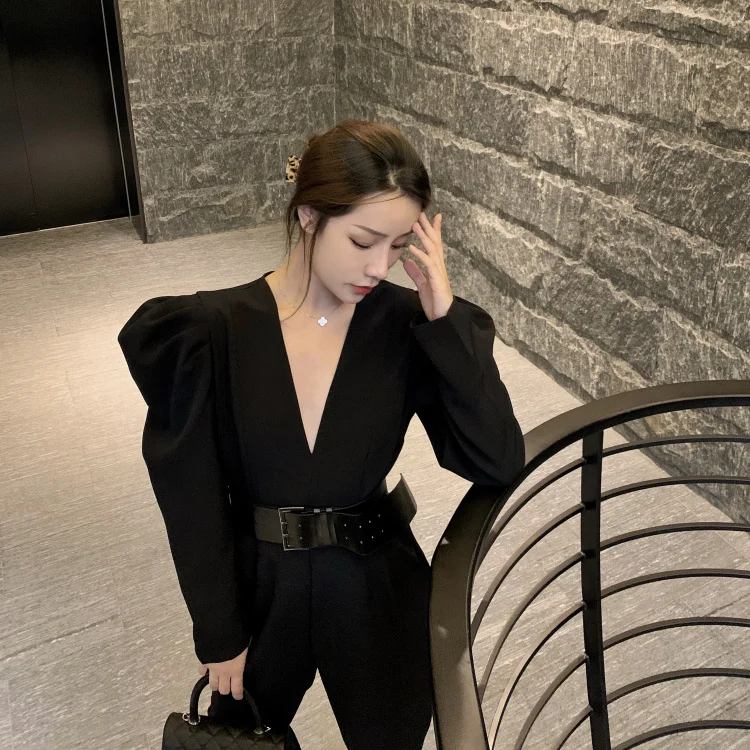 

Korean Vintage Solid Women Jumpsuit Sexy Deep V Neck Playsuit Elegant Office Lady Puff Long Sleeve Fashion With Belt