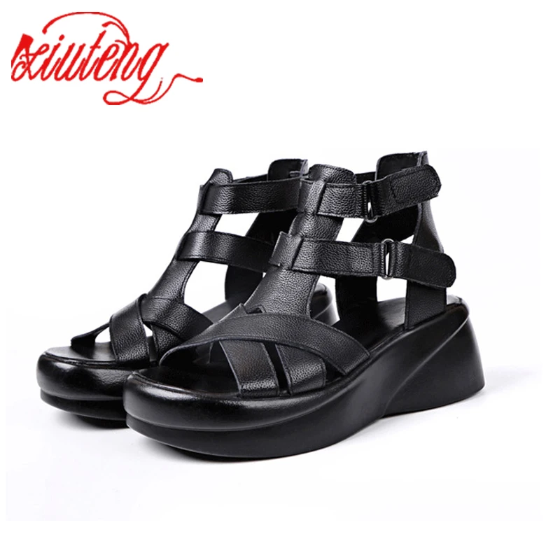 

The first layer of cowhide full leather summer 2022 new retro Roman women's shoes leather platform sandals women's wedge shoes