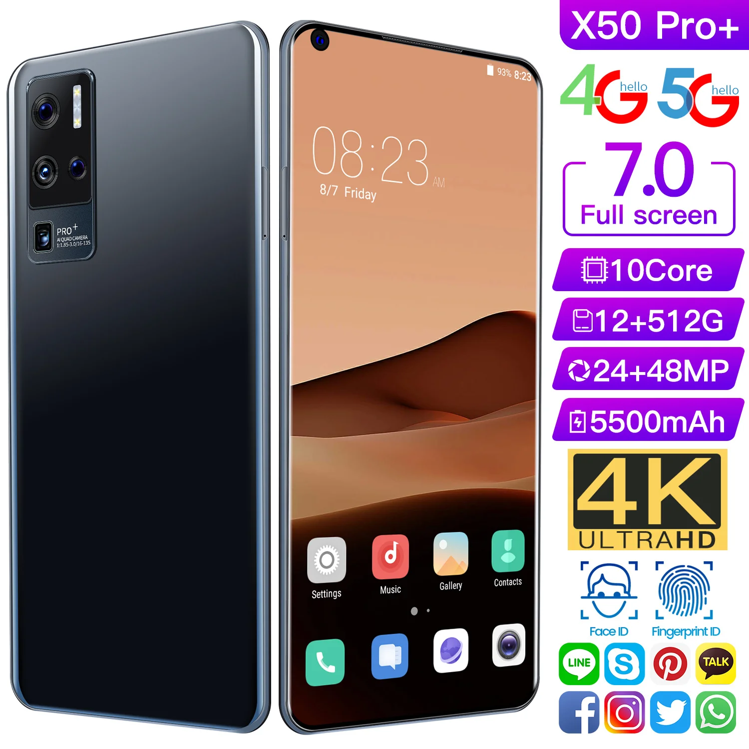 

Global Version X50 Pro 7.3 Inch Smartphone Dual SIM Dual Standby 12G+512GB Support 4G 5G Network Cellphone