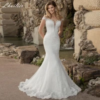 lhuilier womens mermaid lace wedding dresses 2021 illusion scoop neck floor length cap sleeves bridal dress corset back