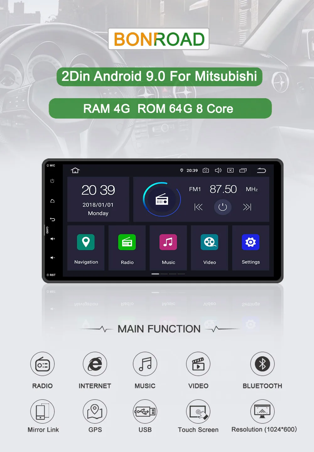 Bonroad " Android 9,0 Автомобильный мультимедийный плеер для Mitsubishi Outlander, Lancer asx Радио Видео Стерео gps навигация RAM4G ROM64G