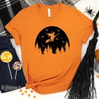 Футболка женская с принтом волшебной Луны, хлопковая Свободная рубашка, повседневный короткий топ с рисунком ведьмы на Хэллоуин, оранжевого и черного цвета, Прямая поставка
