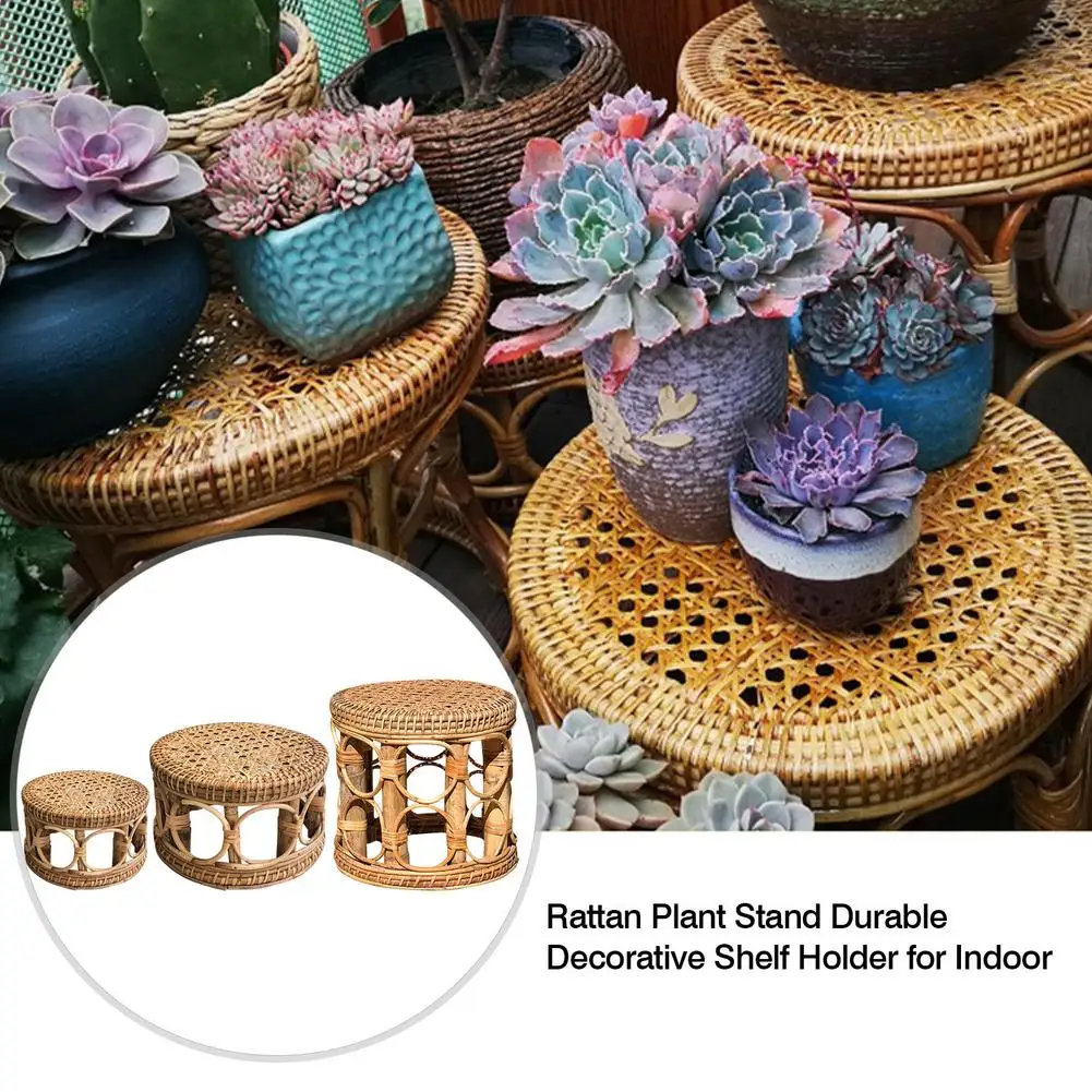 

Natural Rattan Plant Stand Durable Decorative Shelf Holder Nordic Restaurant Flower Pot Stand