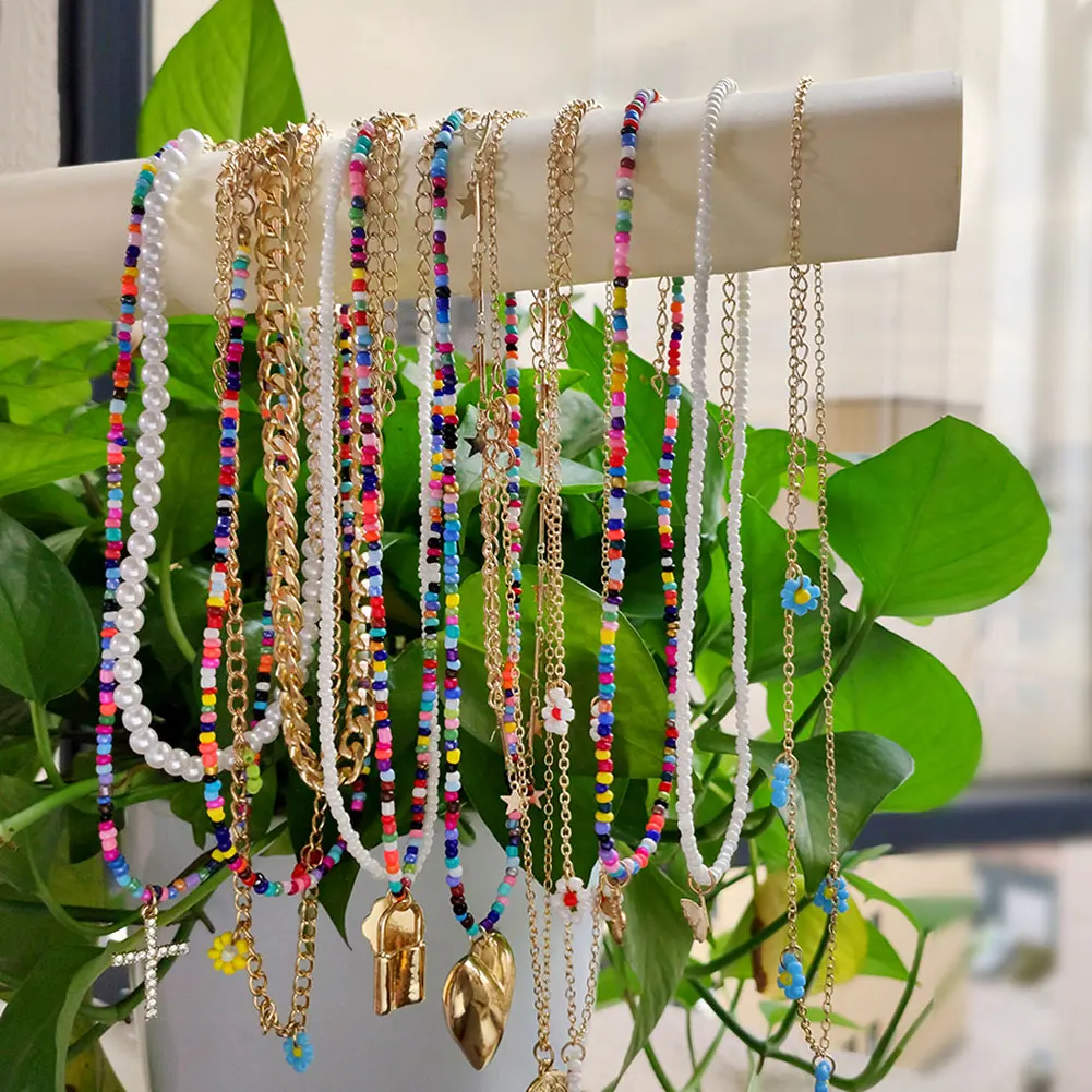 

2021 New Colorful Beaded Necklace For Women Acrylic Seed Bead Strand Flower Layered Necklaces Boho Vacation Jewelry Wholesale