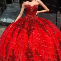 sparkly red sweet 16 dress ball gown quinceanera dresses beaded sequins long sleeve lace up corset vestido de 15 anos robes
