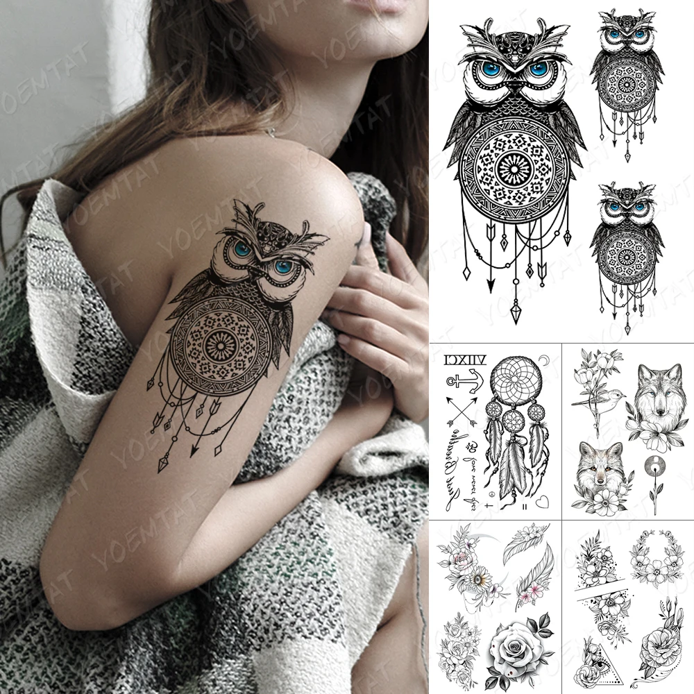 

Waterproof Temporary Tattoo Sticker Blue Eye Owl Dream Catcher Flash Tattoos Wolf Rose Fox Body Art Arm Fake Tatoo Women Men