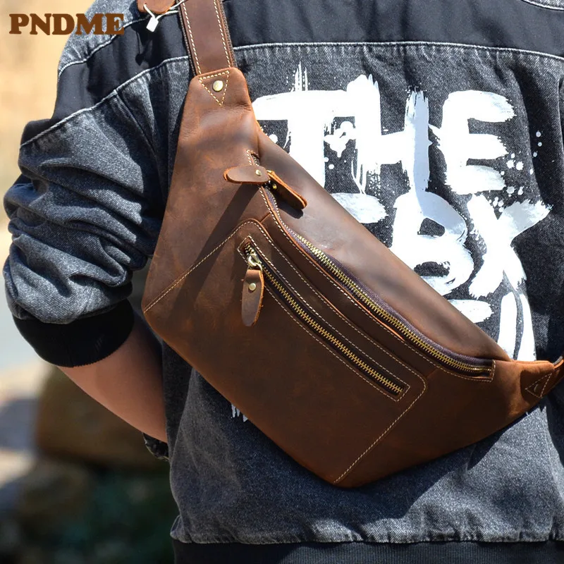 PNDME vintage crazy horse cowhide men's chest bag fashion outdoor daily multifunctional genuine leather waist bag crossbody bag